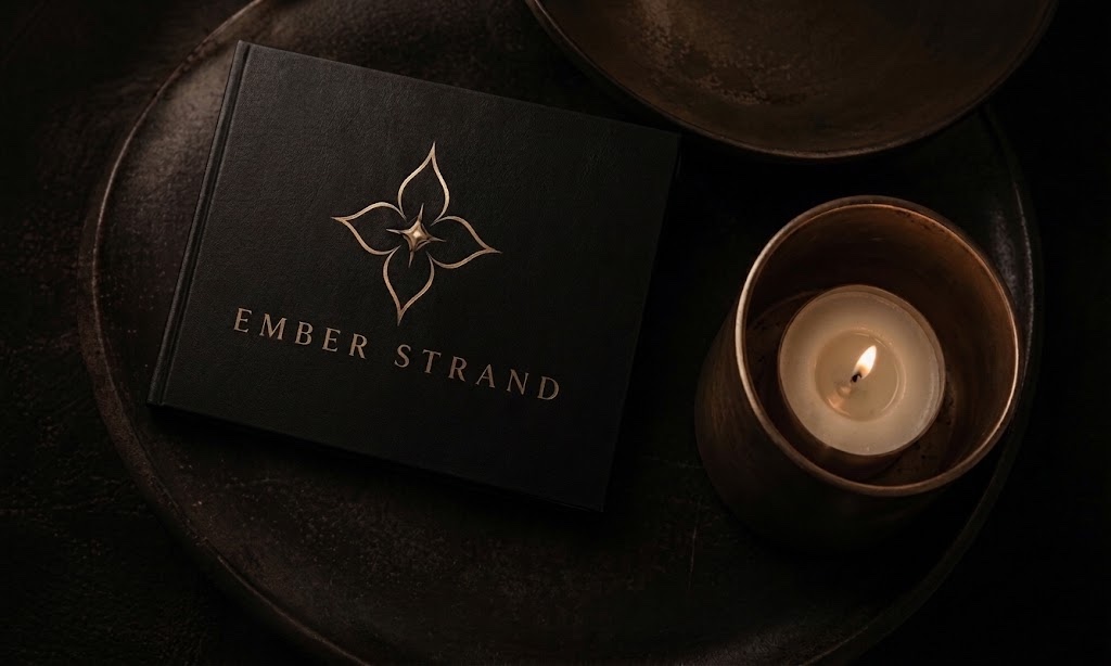 Ember Strand branded book and lit gold candle on a dark tray