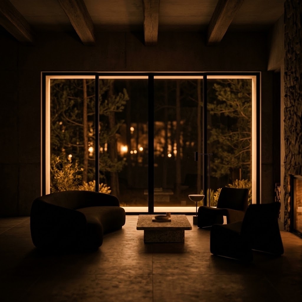 Luxury living room with timber beams, stone fireplace, and forest views at night