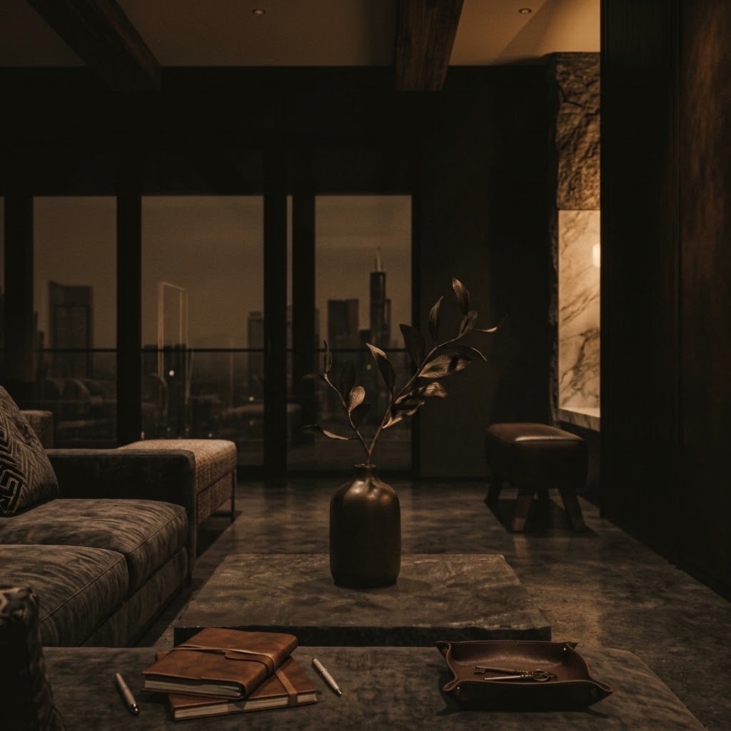 Luxury living room at night with city views, journals, and curated details