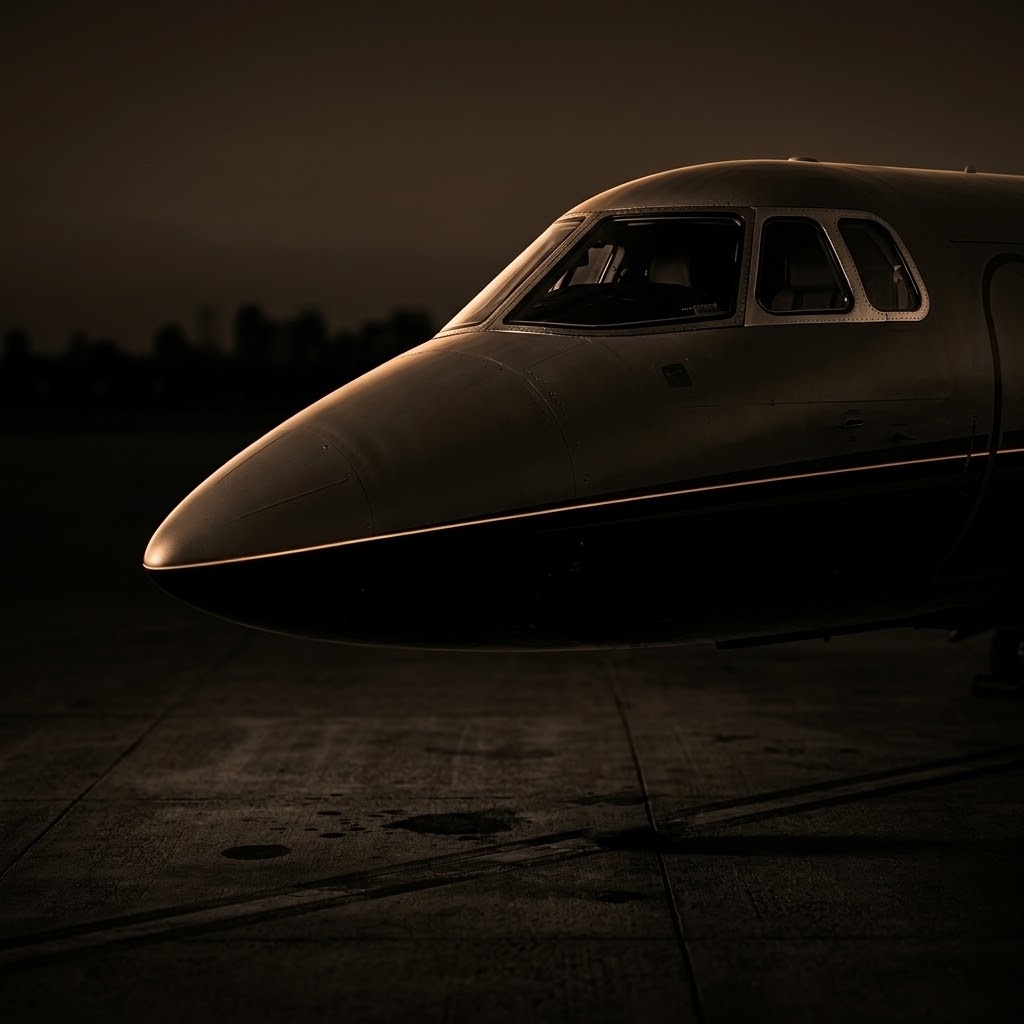 Private jet on the tarmac at dusk
