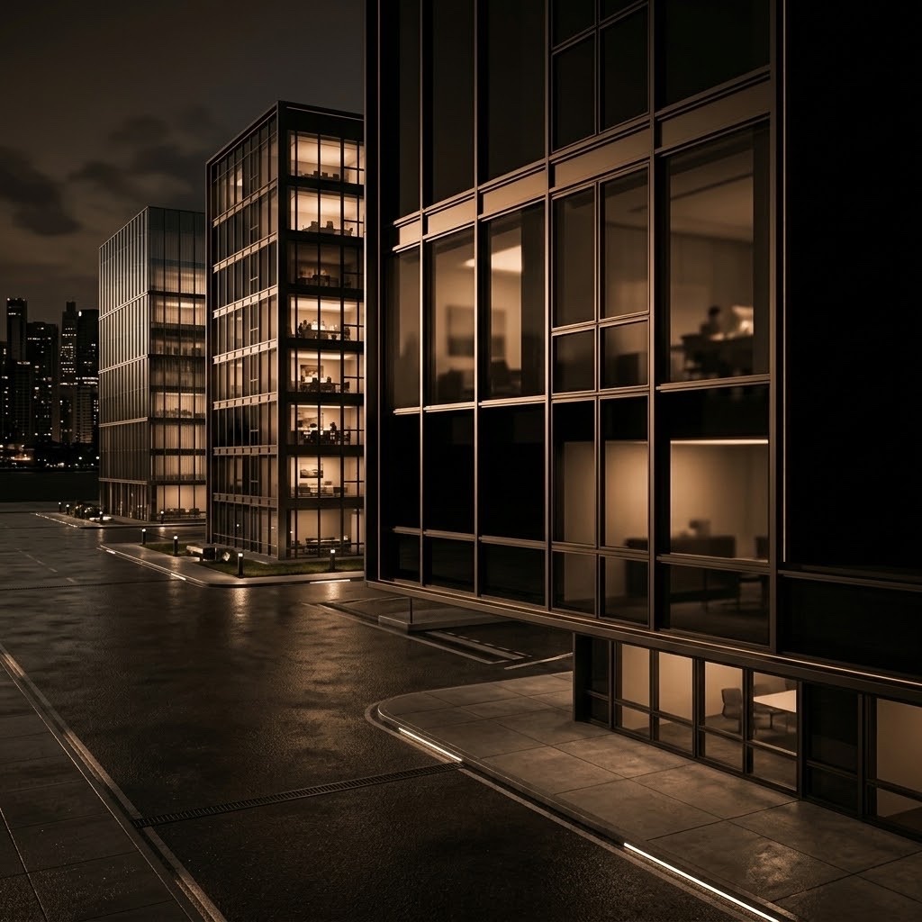 Modern glass buildings at night with warm interior lighting