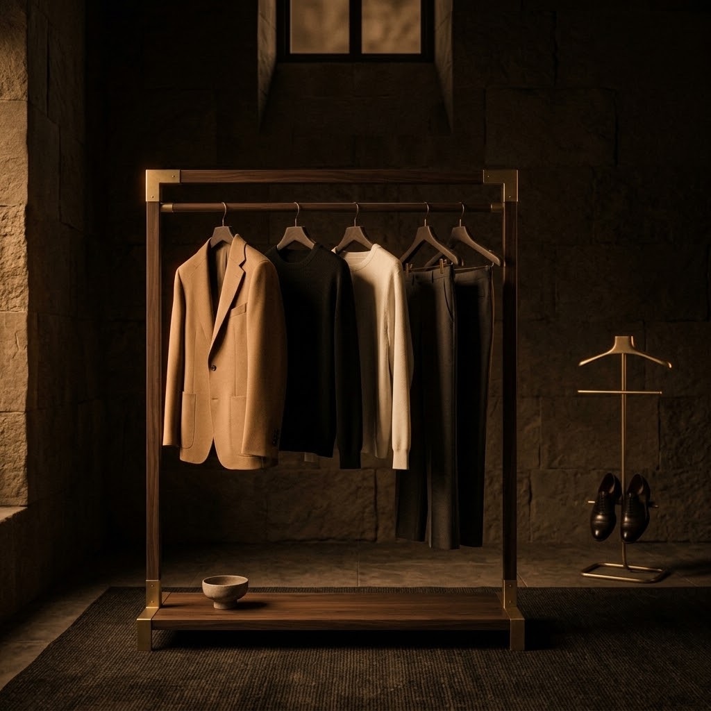 Curated wardrobe on a wood and brass rack with leather shoes nearby