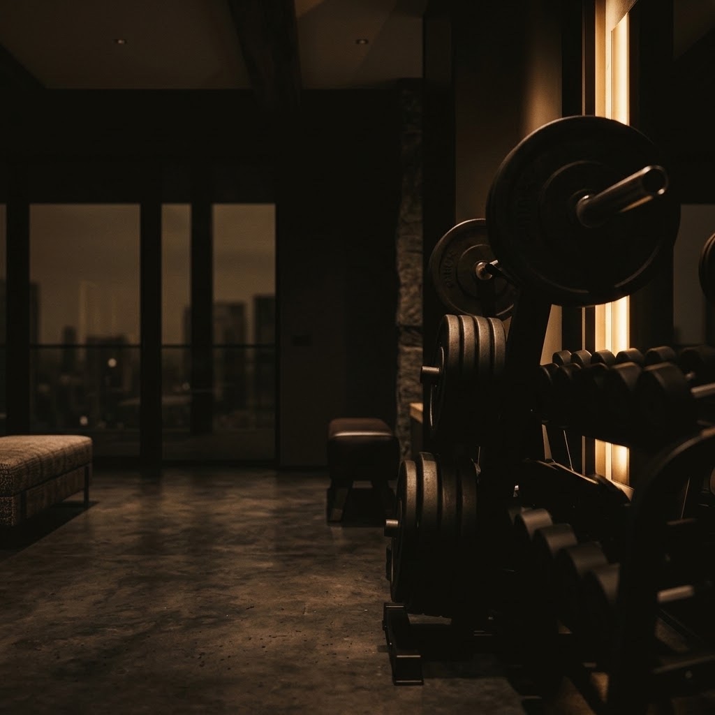 Private luxury gym with free weights, warm lighting, and a city view at dusk